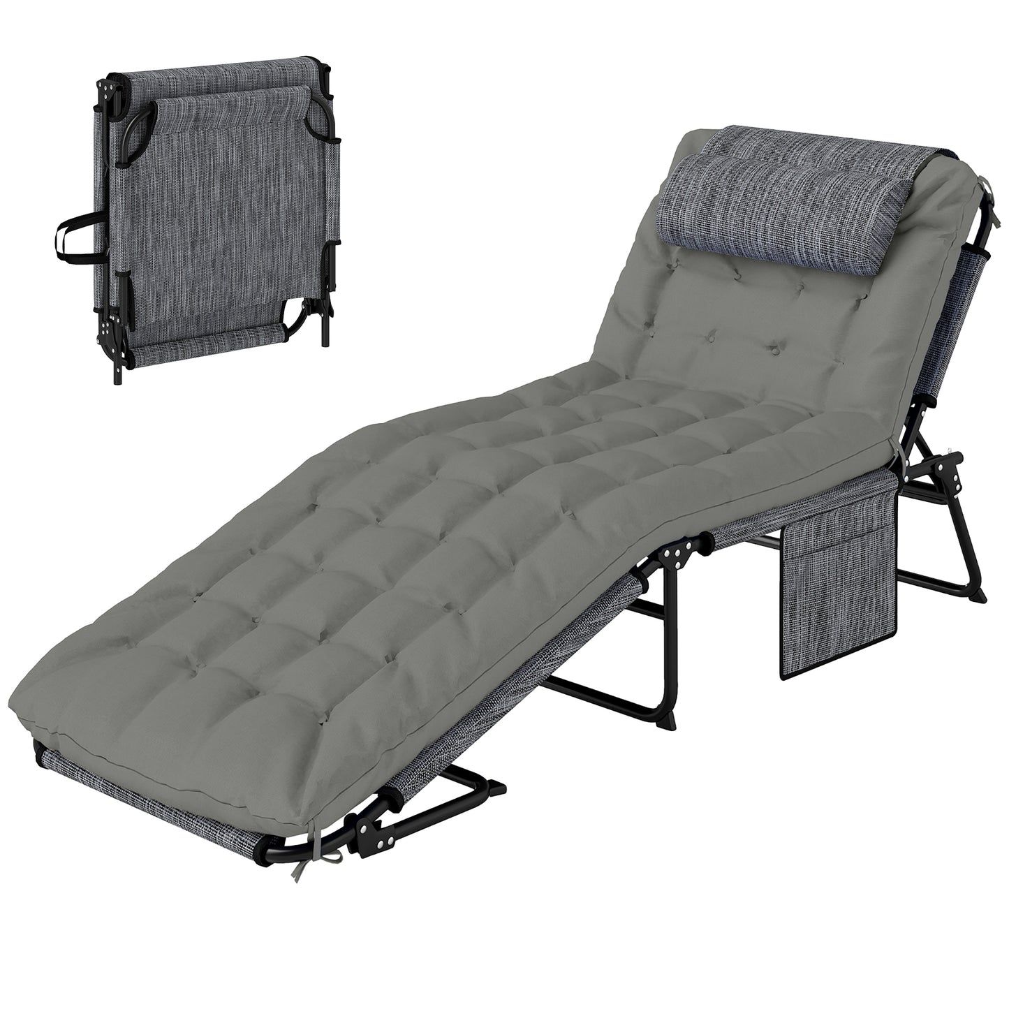 Folding Chaise Lounge Pool Chair with 4-Level Recline, Cushion & Pocket - Gray