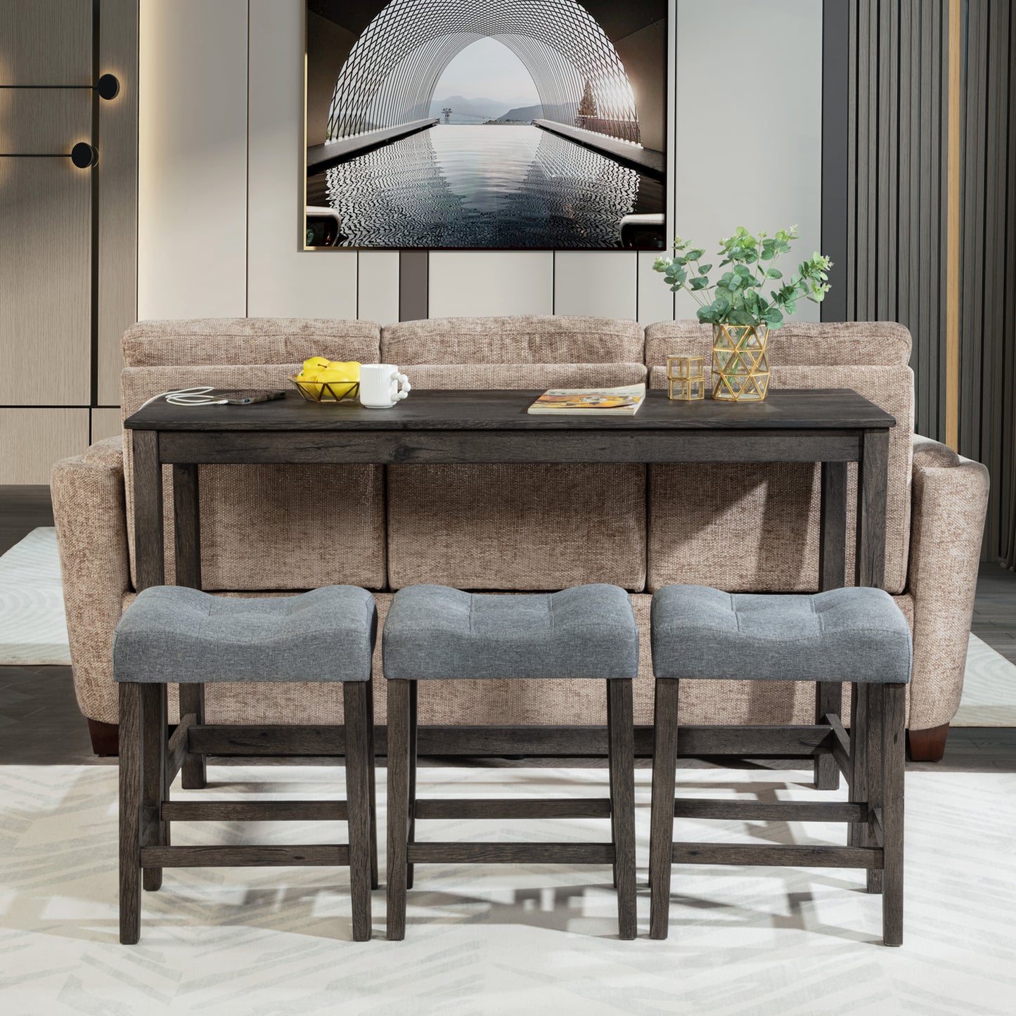 Bar Table Set with Power Outlet & 3 Padded Stools - Dark Gray