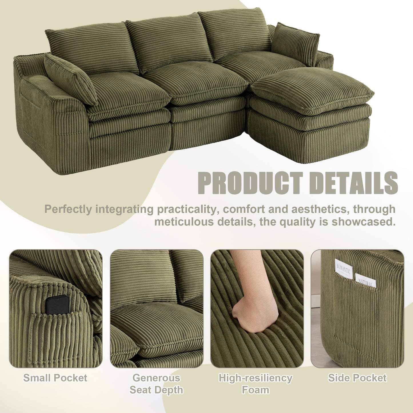 Emerald L-Shaped Modular Sectional Sofa with Footstool & Pillows