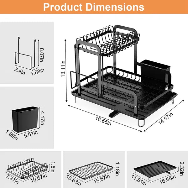 2-Tier Dish Drying Rack with Drainboard - Space Saving Black