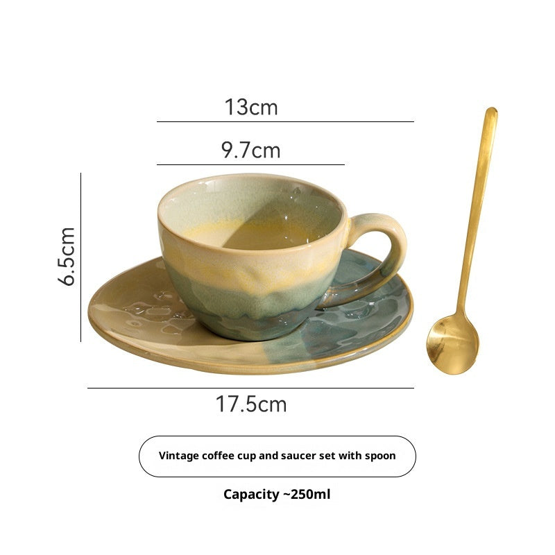 Kiln-Fired Retro-Style Ceramic Coffee Cup - Embossed Milk Mug with Optional Spoon