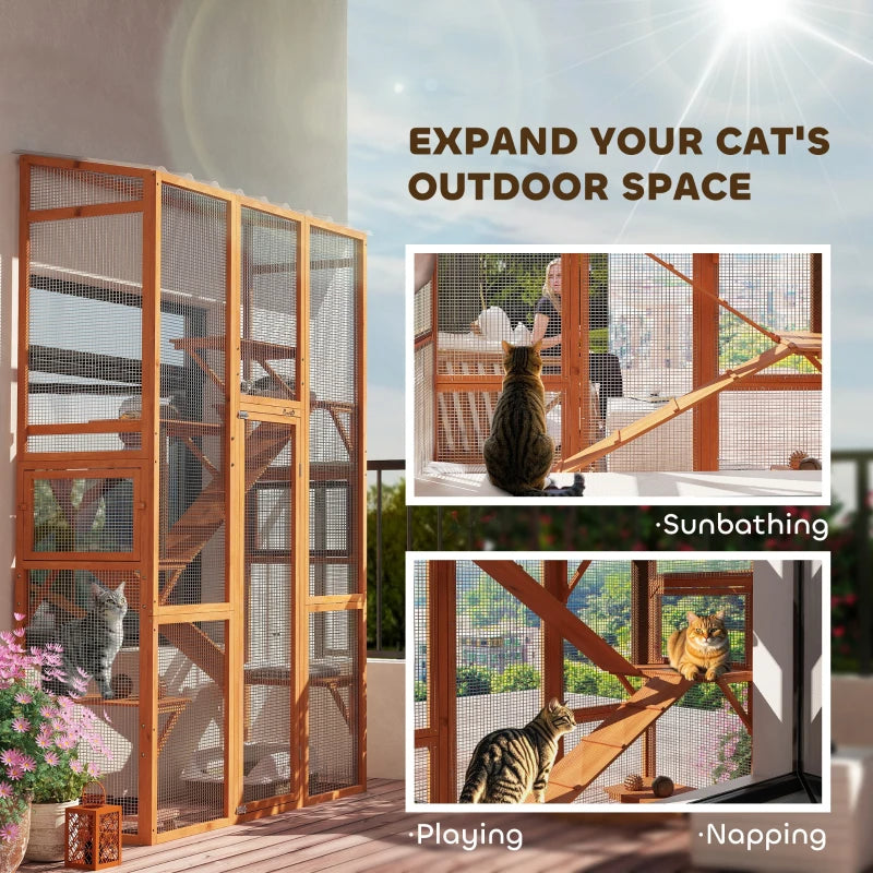 Large Wooden Outdoor Cat Enclosure with 6 Jumping Platforms & Scratching Post