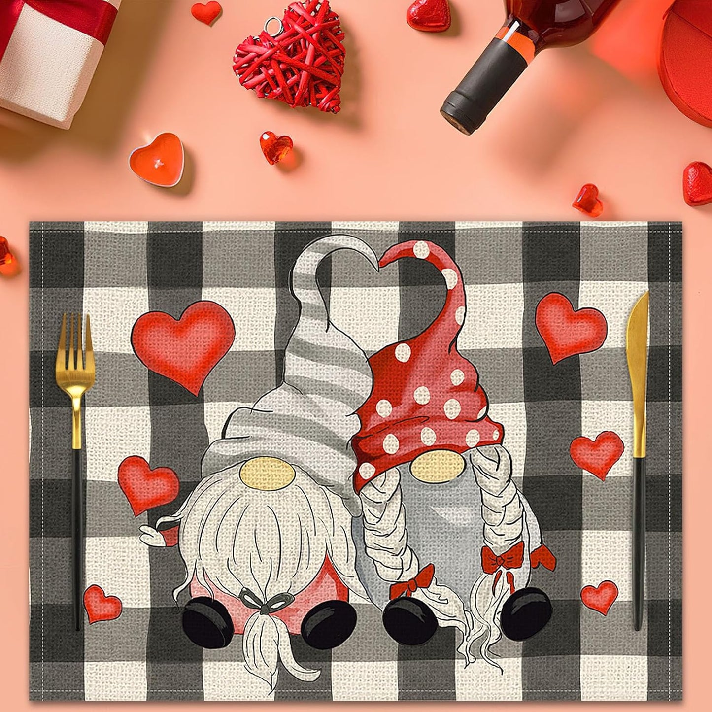 Valentine's Day Placemats Set of 4 - Gnomes & Hearts, 17x12.5 In