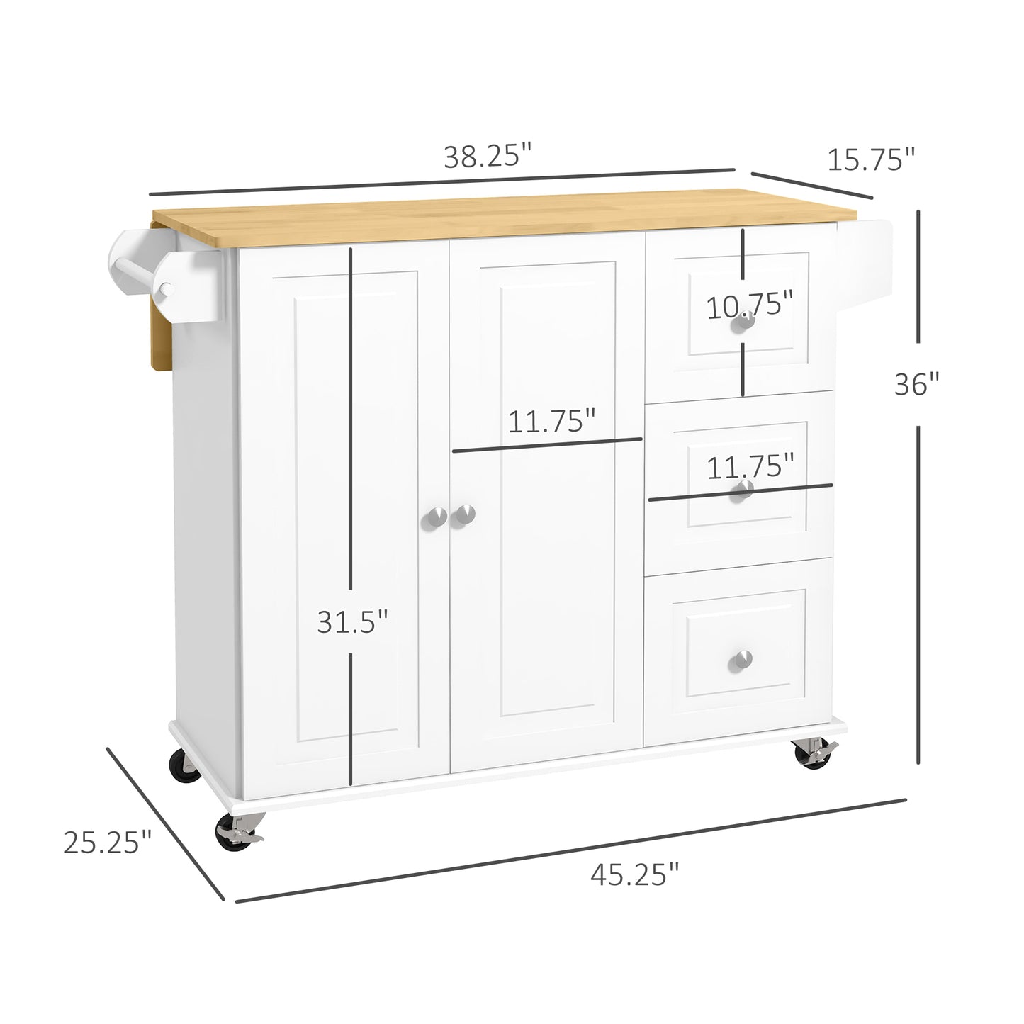 Kitchen Island with Drop Leaf, Rolling Cart on Wheels 3 Drawers,
