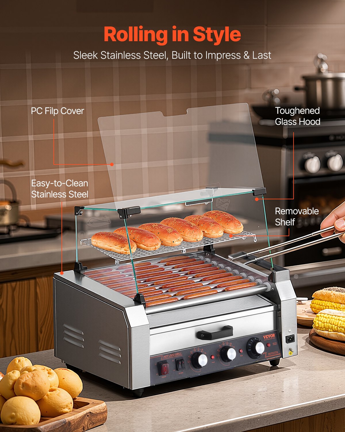 Electric Hot Dog Roller Grill Cooker with Bun Warmer - 1950W, Silver