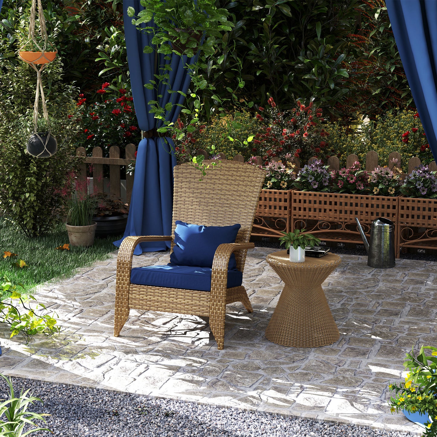 Adirondack Chair with Rattan Wicker and Soft Cushions - Dark Blue