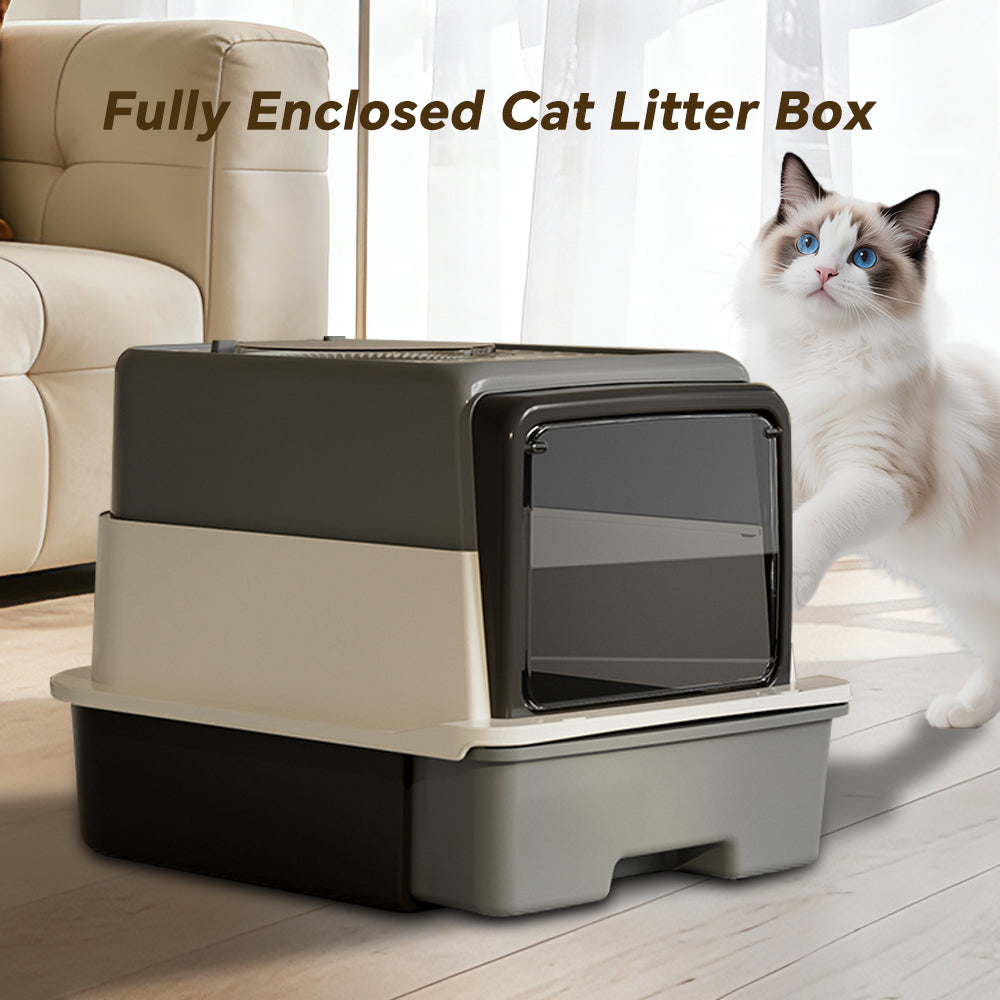 Cat Toilet with Front Flip Door Dual Opening Anti-Splash & Odor Lock - White