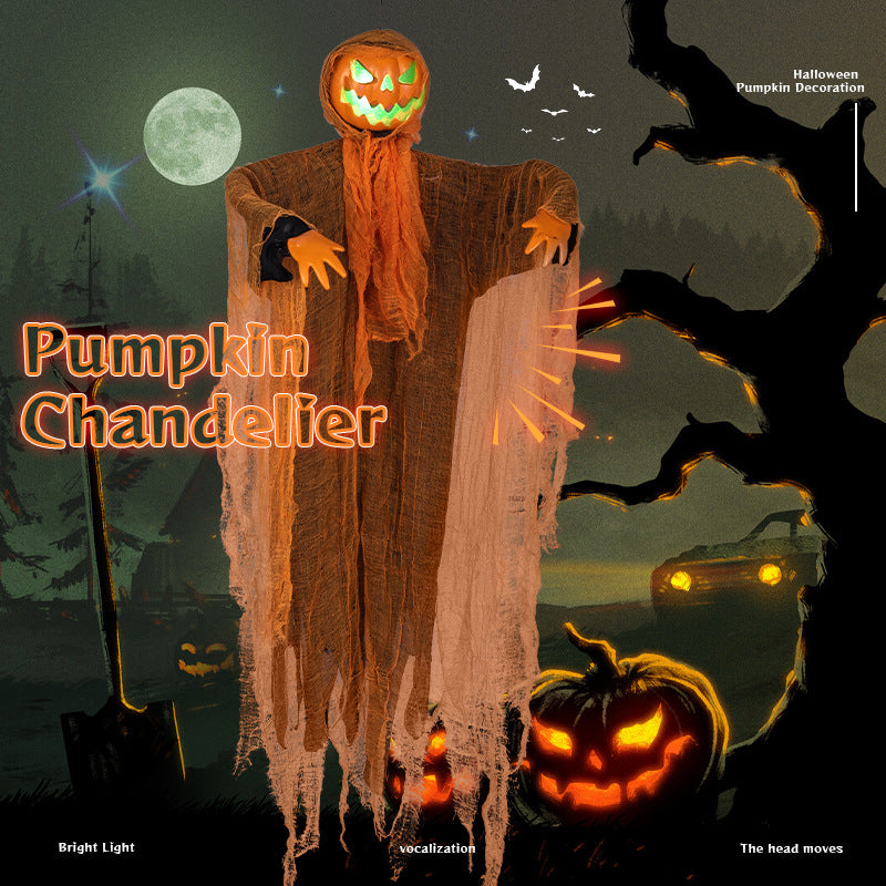 Hanging Pumpkin Ghost Decoration with Flashing Green Light & Sound