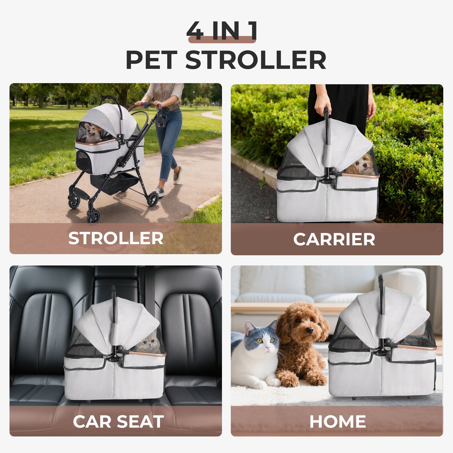 Foldable Pet Stroller for Small Dogs & Cats with 360 Rotating Wheels, Detachable Carrier & Travel Bag - Grey