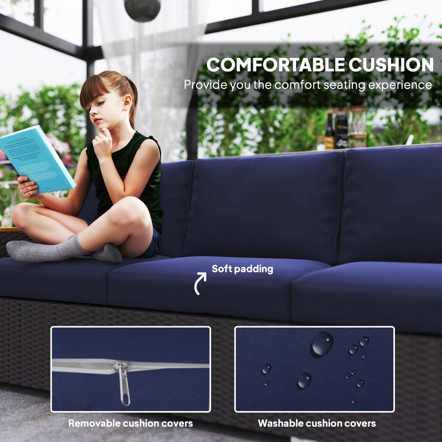 3-Seat Outdoor Patio Sofa - Navy Blue PE Wicker Couch with Cushions
