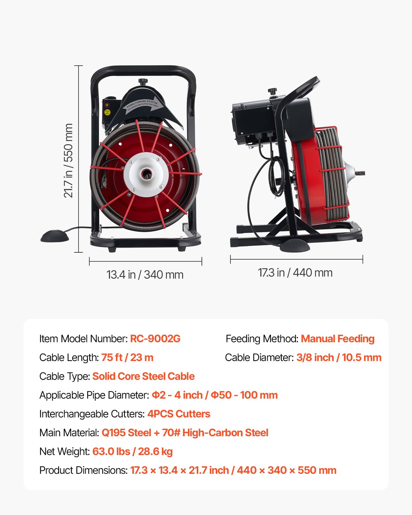 Drain Cleaner Machine 75 FT Steel Sewer Snake with 4 Cutters and Foot Switch