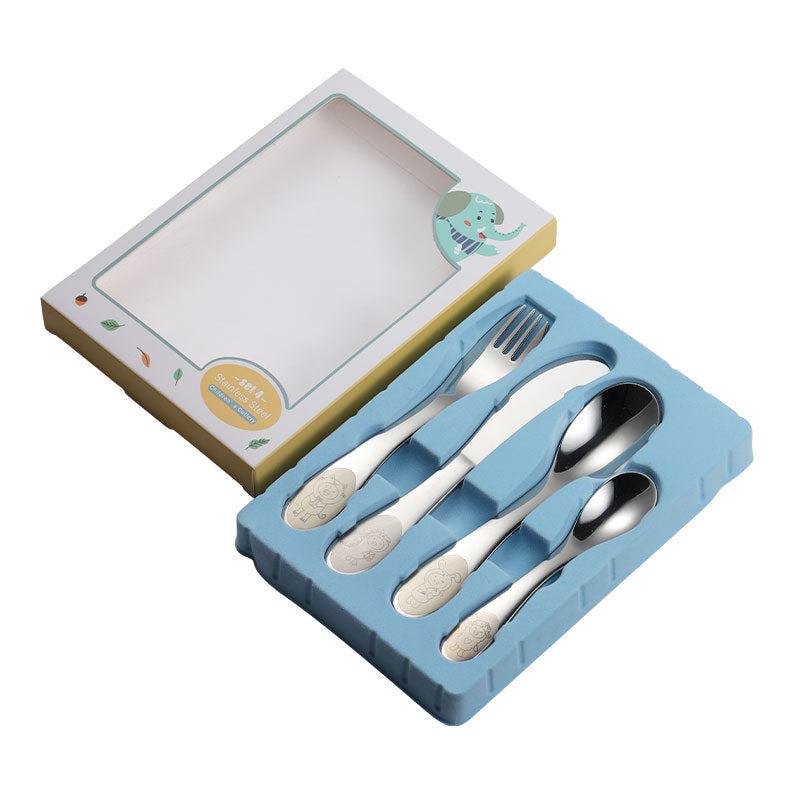Children's 4-Piece Stainless Steel Cutlery Set - Western Style, Cartoon Design