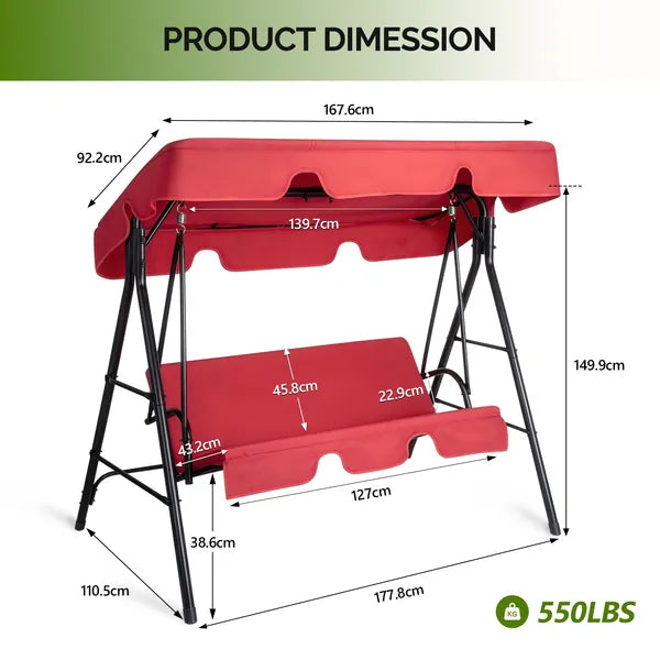 Outdoor Swing Set with Canopy & Cushion - Red, 250kg Capacity
