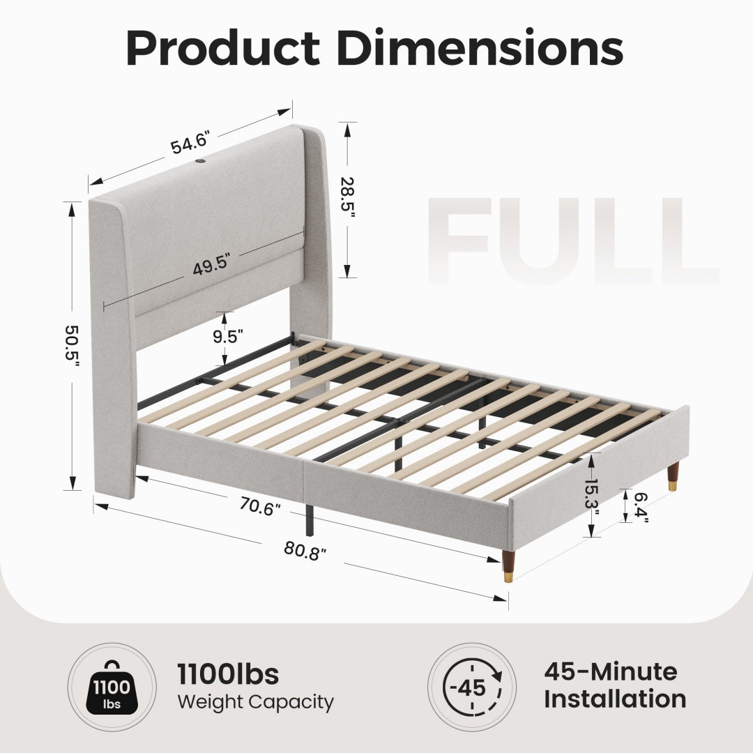 Full Size Upholstered Bed Frame with USB Charging Ports - Grey