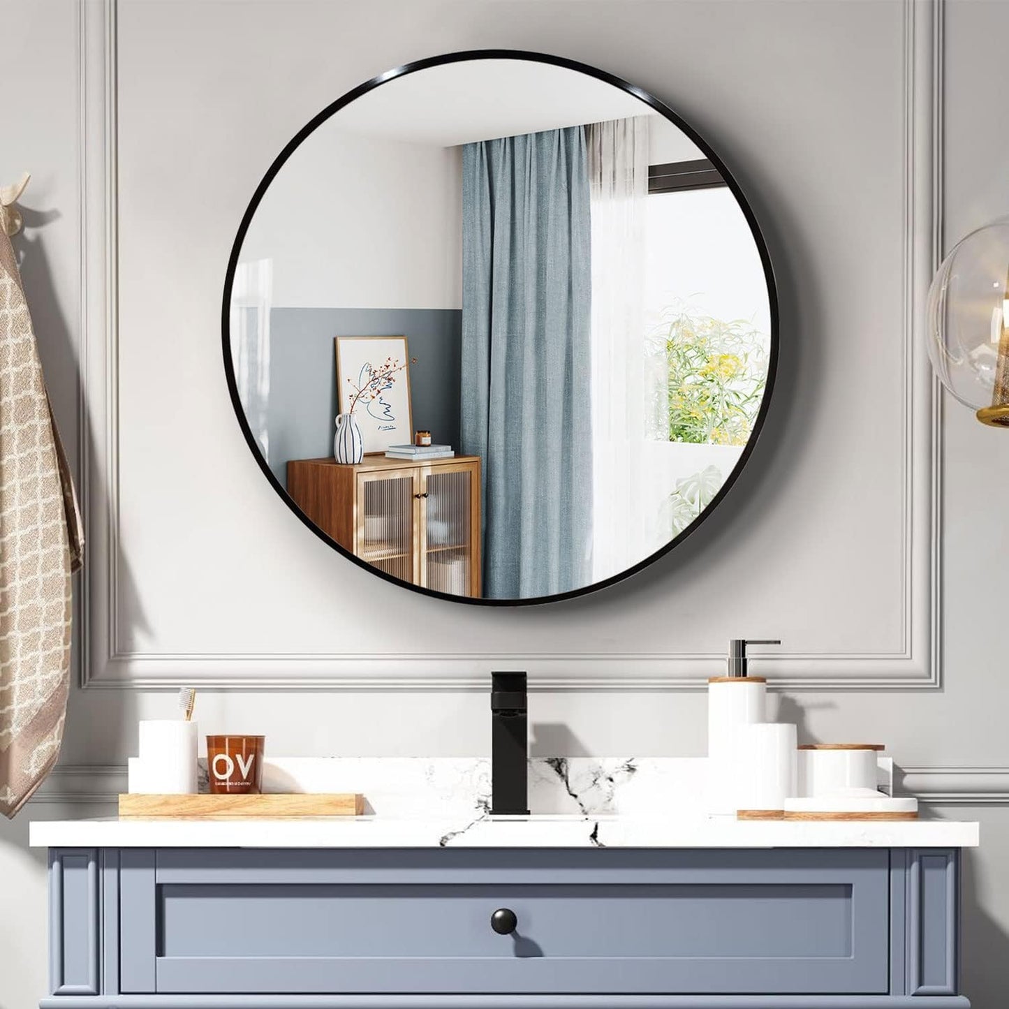 36 Inch Round Black Metal Framed Bathroom Mirror for Wall