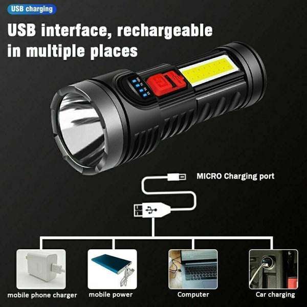 USB Rechargeable LED Flashlight with 4 Modes for Camping Hiking Work Light