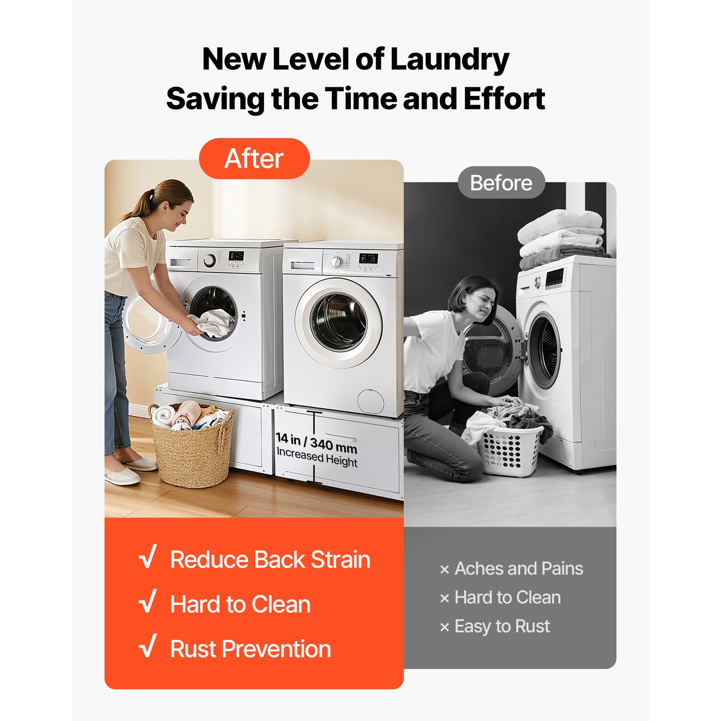 Laundry Pedestal with Drawer - 14 Inch Heavy-Duty Steel Stand for Washer & Dryer, White, 2 Pack