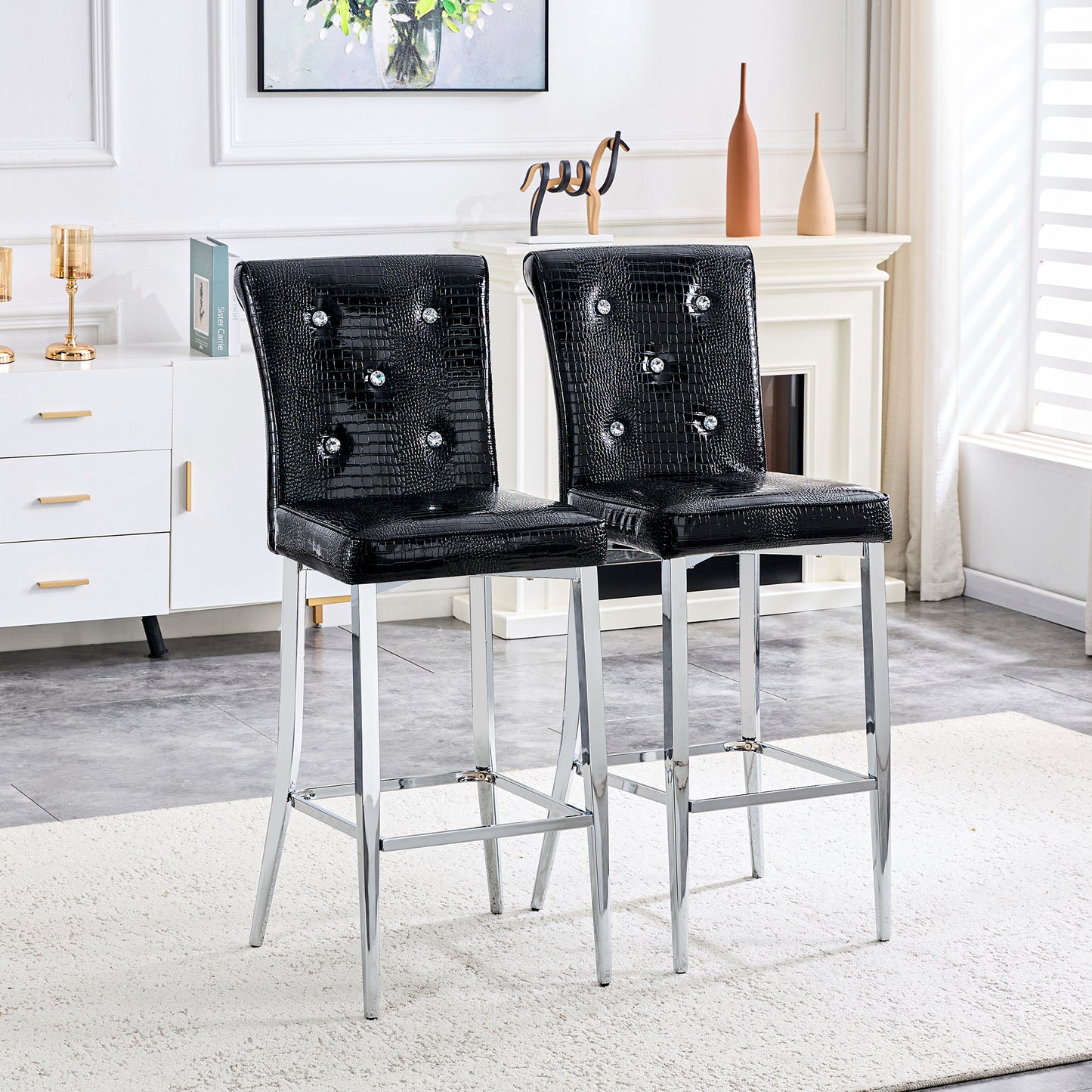 A Set Of 2 Black Vintage Crocodile Leather Bar Chairs, Featuring