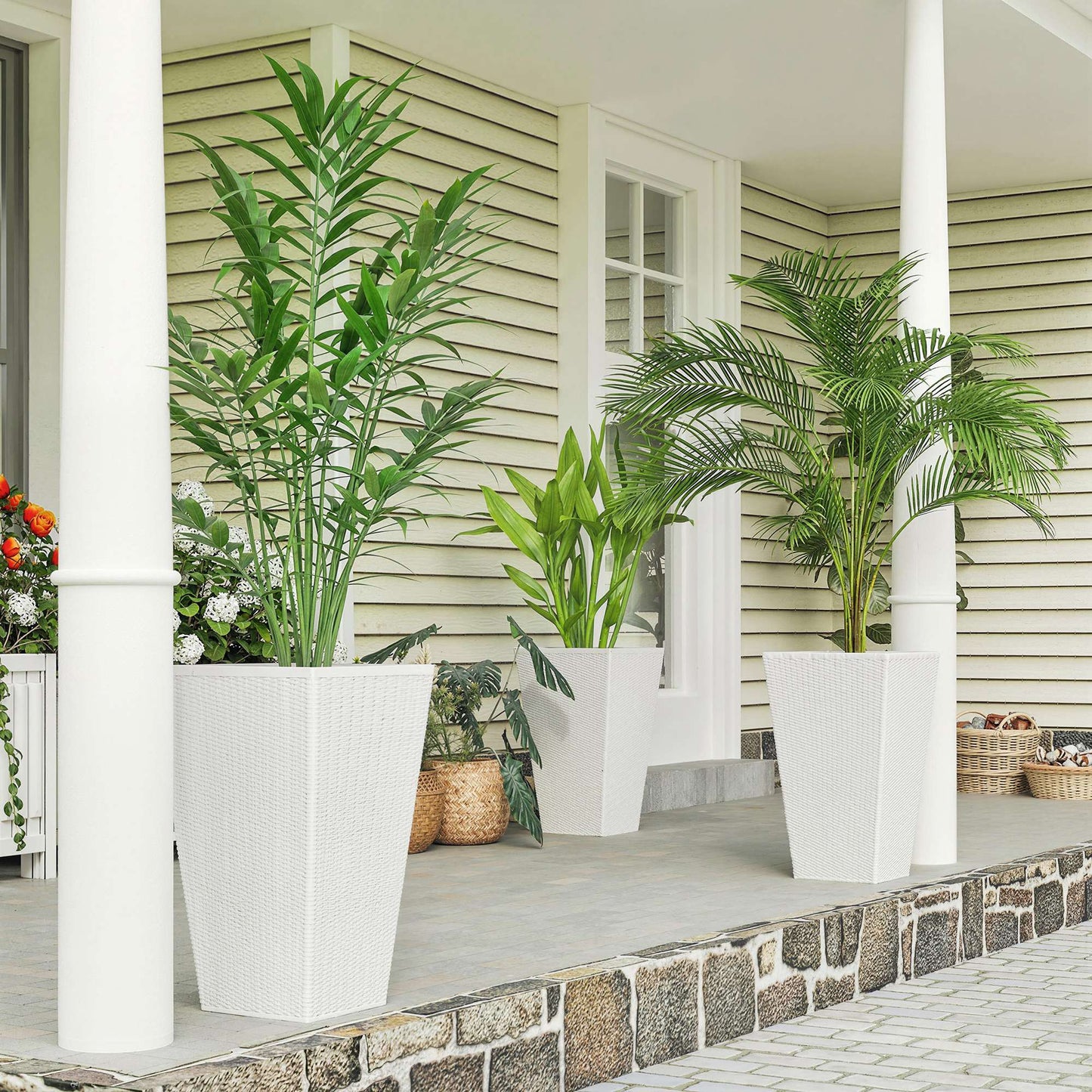 Outdoor Tall Plant Planters Set of 3 White Rattan Style Garden Pots with Drainage Holes
