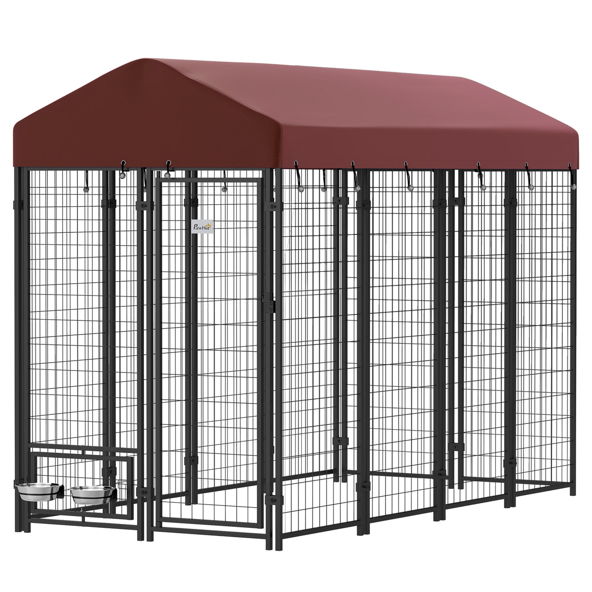 Outdoor Dog Kennel with Rotating Bowls and Waterproof Cover - 8x4x6 ft, Red