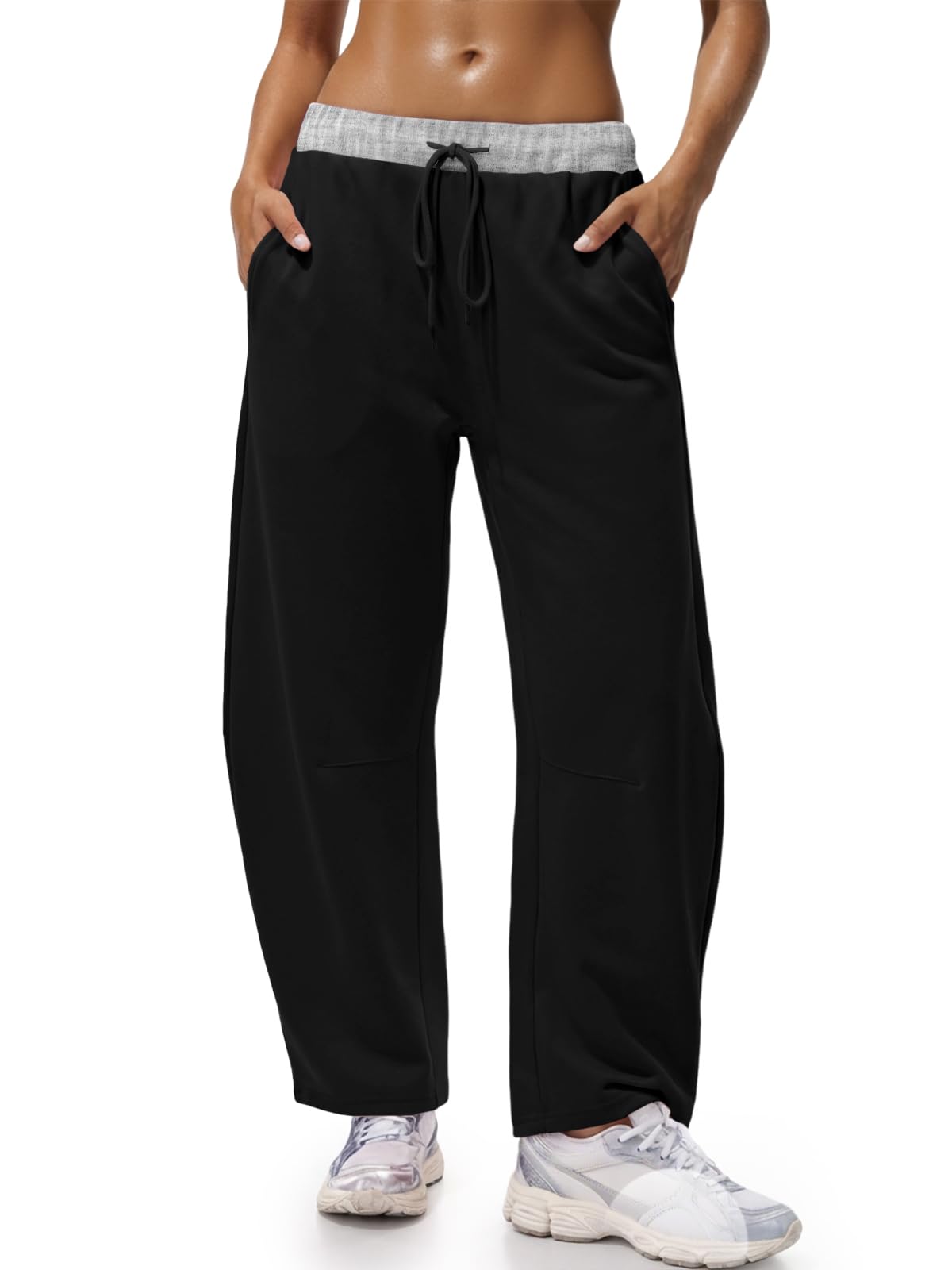 Wide Leg Sweatpants with Drawstring Waist and Pockets - Color Block