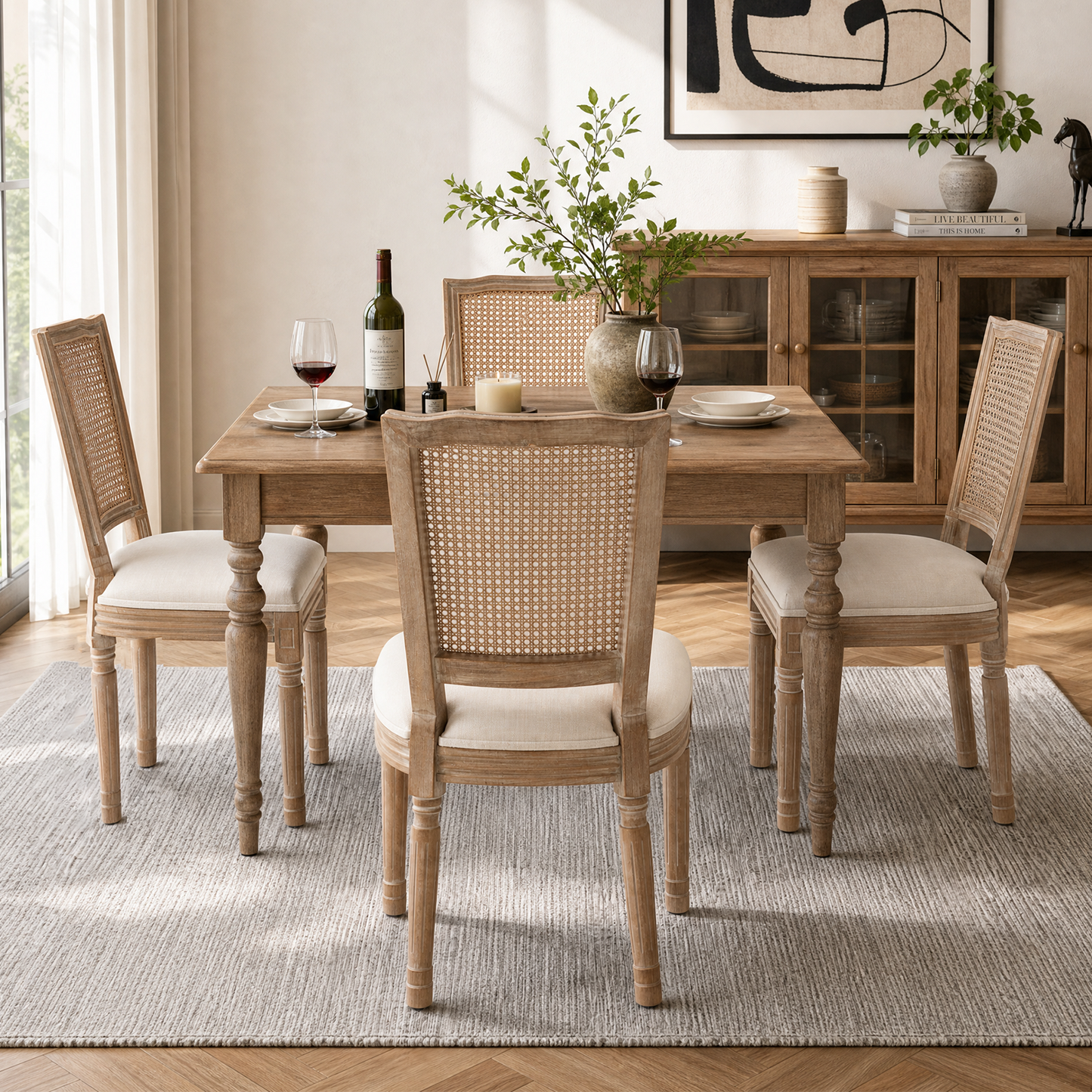 Farmhouse Dining Chairs Set of 2 - Solid Wood, Beige Linen Seat