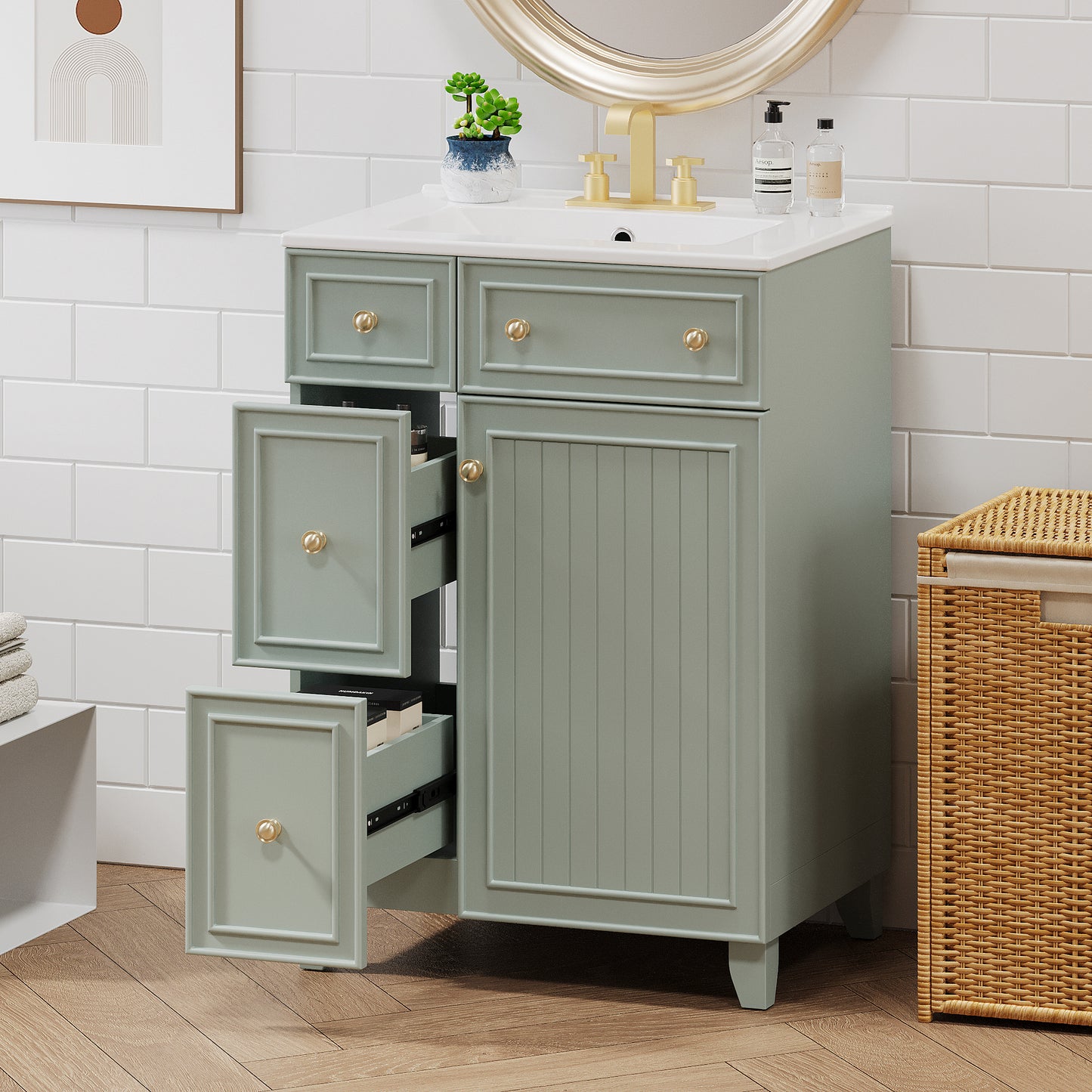 24-Inch Green Bathroom Vanity Cabinet with Ceramic Sink