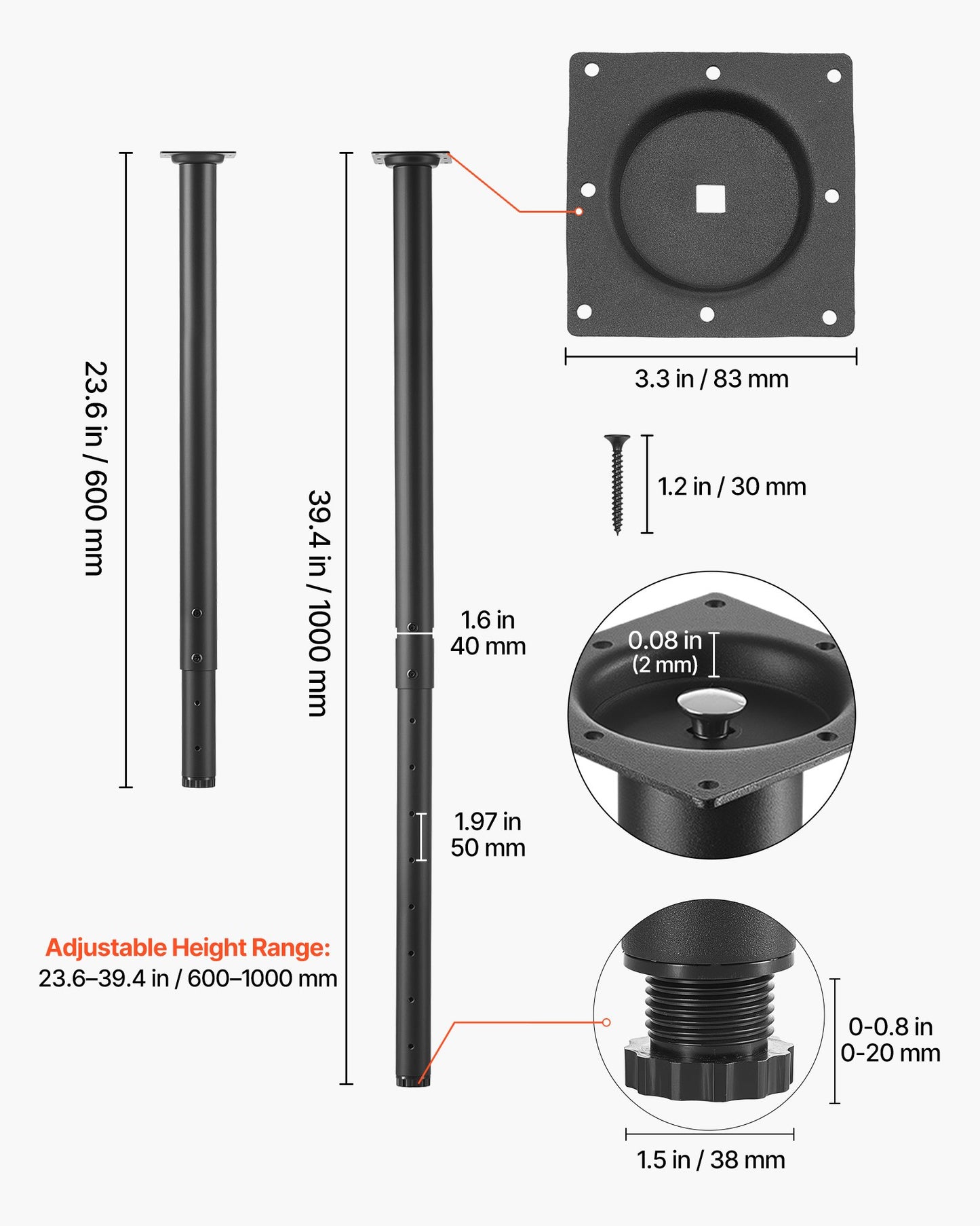 Heavy Duty Adjustable Steel Table Legs 24-40 Inch Black for DIY Desks & Tables