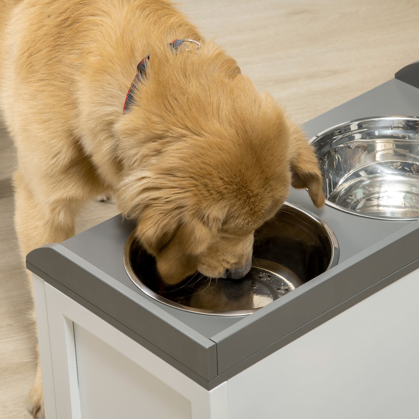 Elevated Dog Food Station with Storage and Stainless Steel Bowls - Large Dogs White