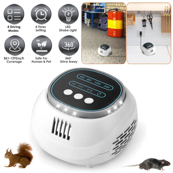Ultrasonic Rodent Repellent with Strobe Light - 4 Modes, 1292 sq.ft Coverage