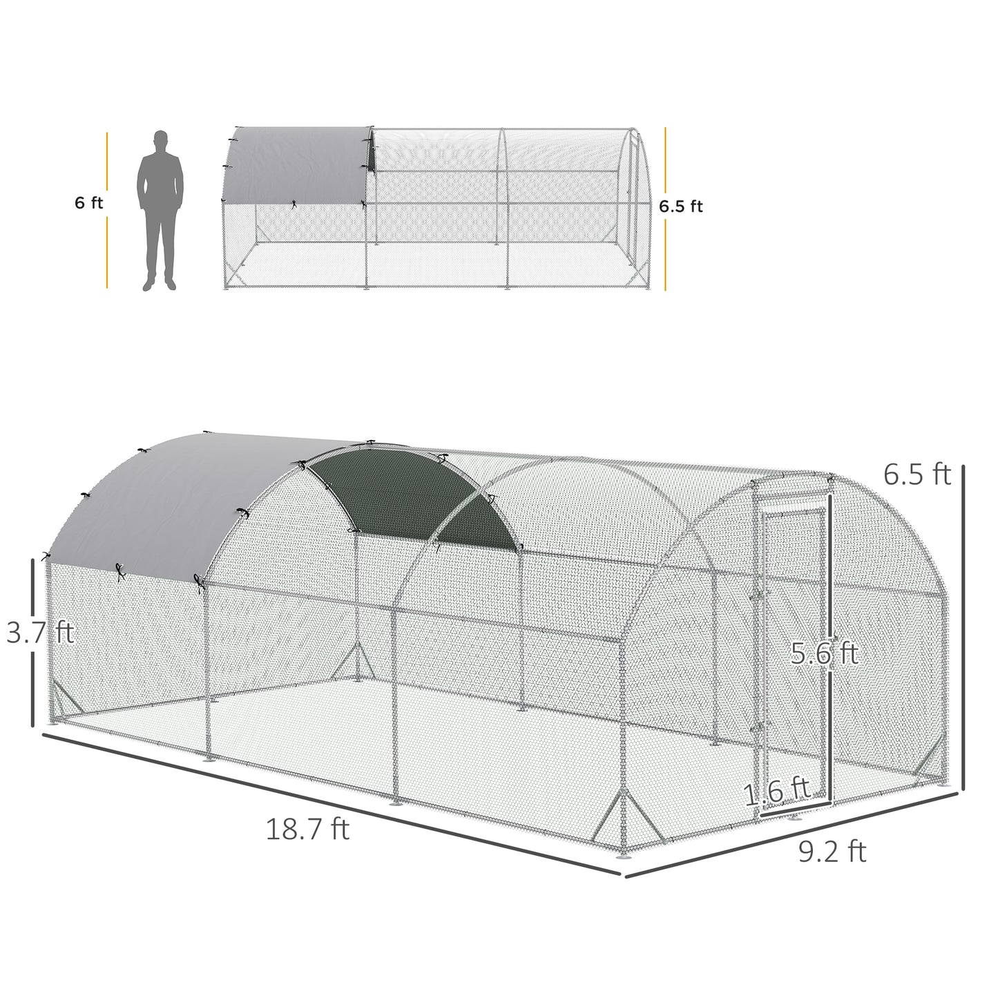 Large Metal Chicken Coop with Waterproof Cover - Walk-In Yard Pen, 1950x400x190mm, Silver