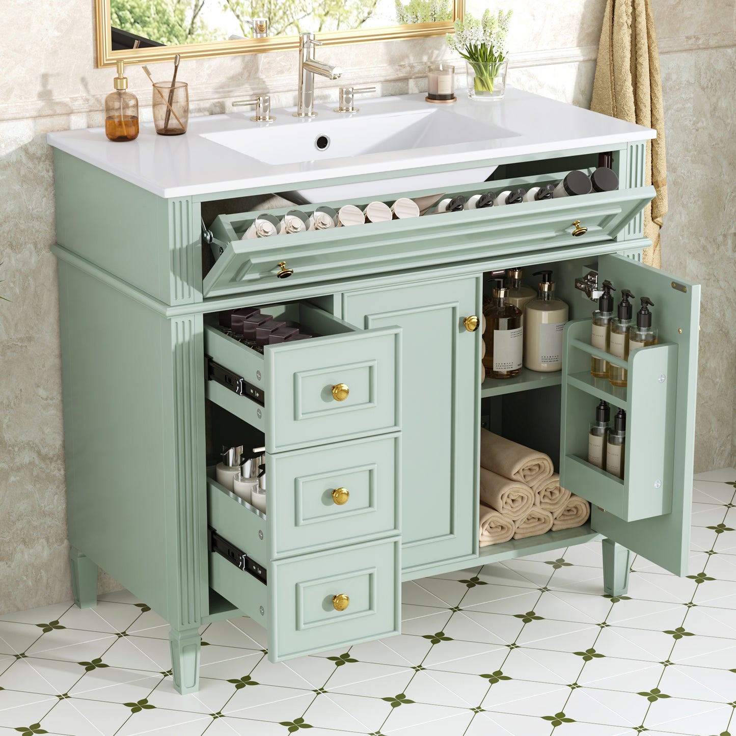 36-Inch Green Bathroom Vanity with Sink, 3 Drawers & Soft-Close Doors