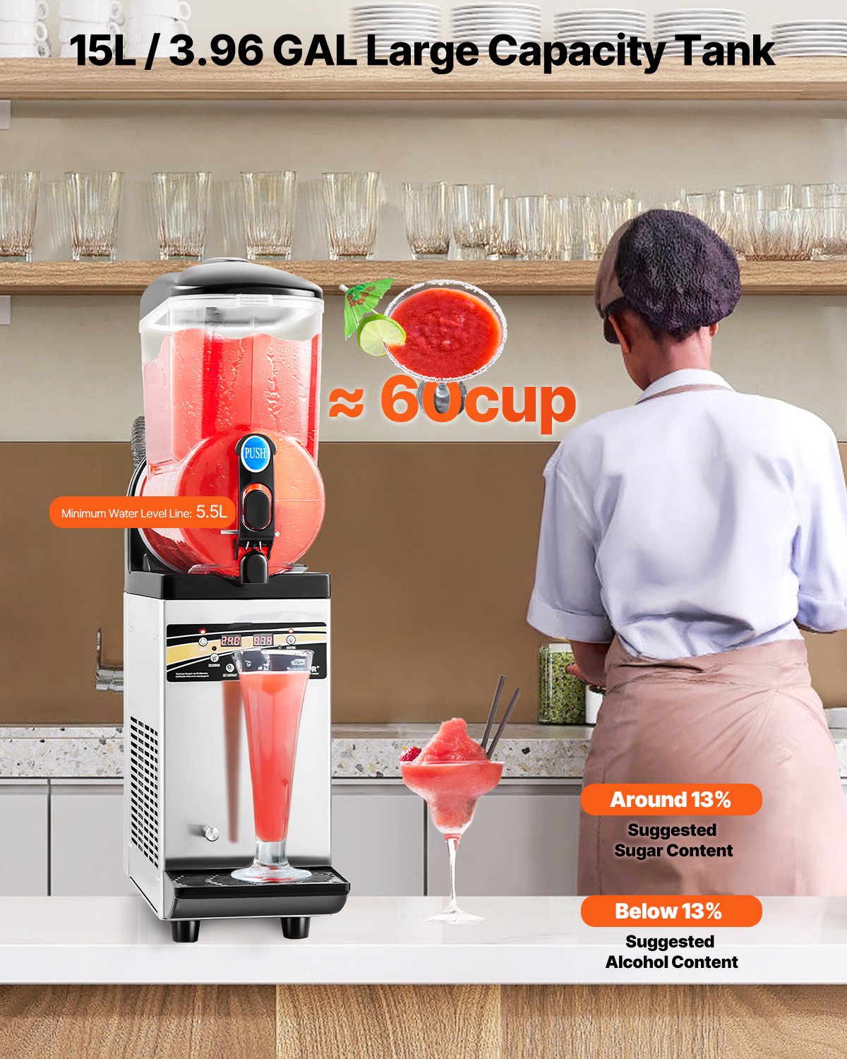 15L Commercial Slushy Machine for Frozen Drinks Margaritas & Smoothies