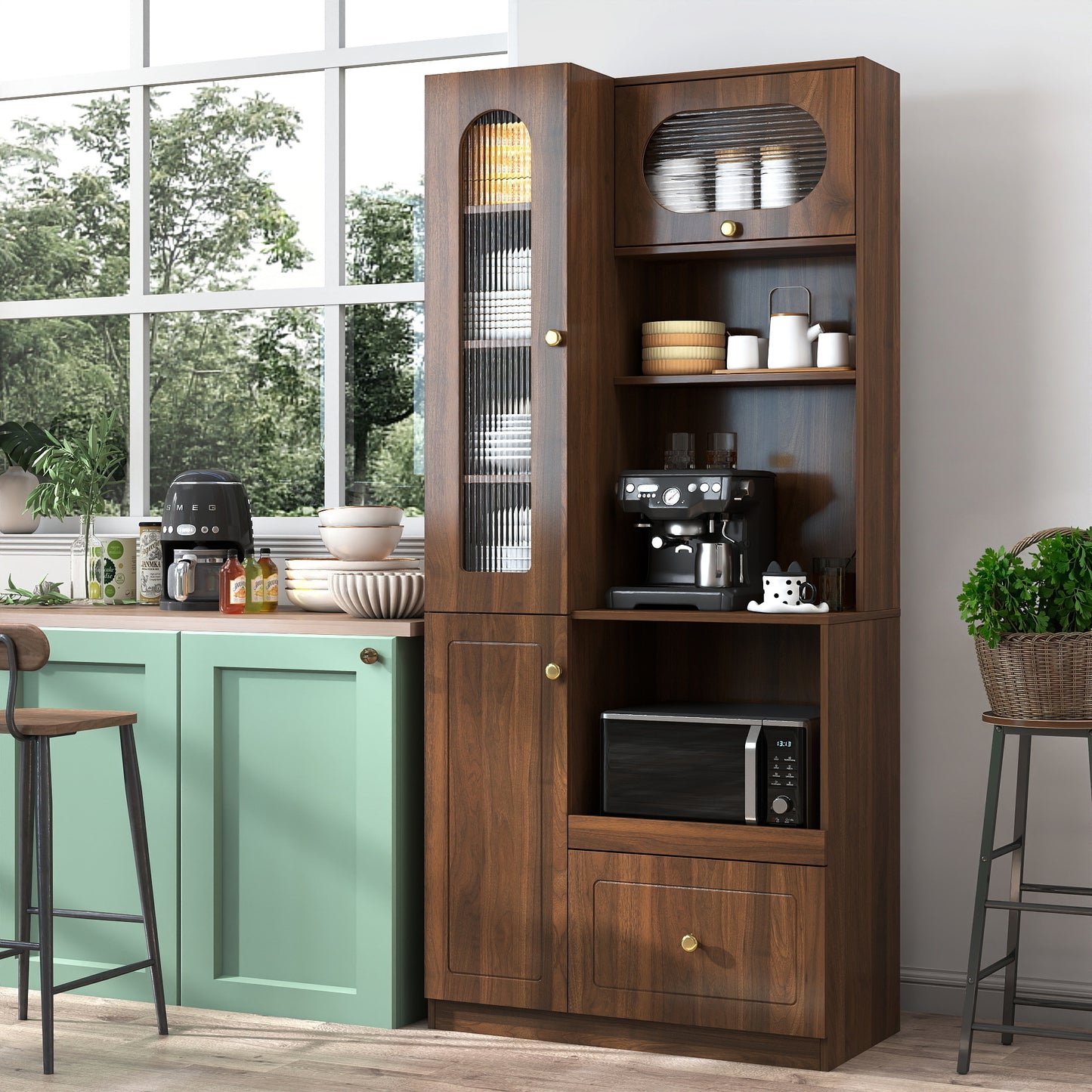 Walnut Kitchen Pantry Cabinet with Multi-Tier Storage Shelf