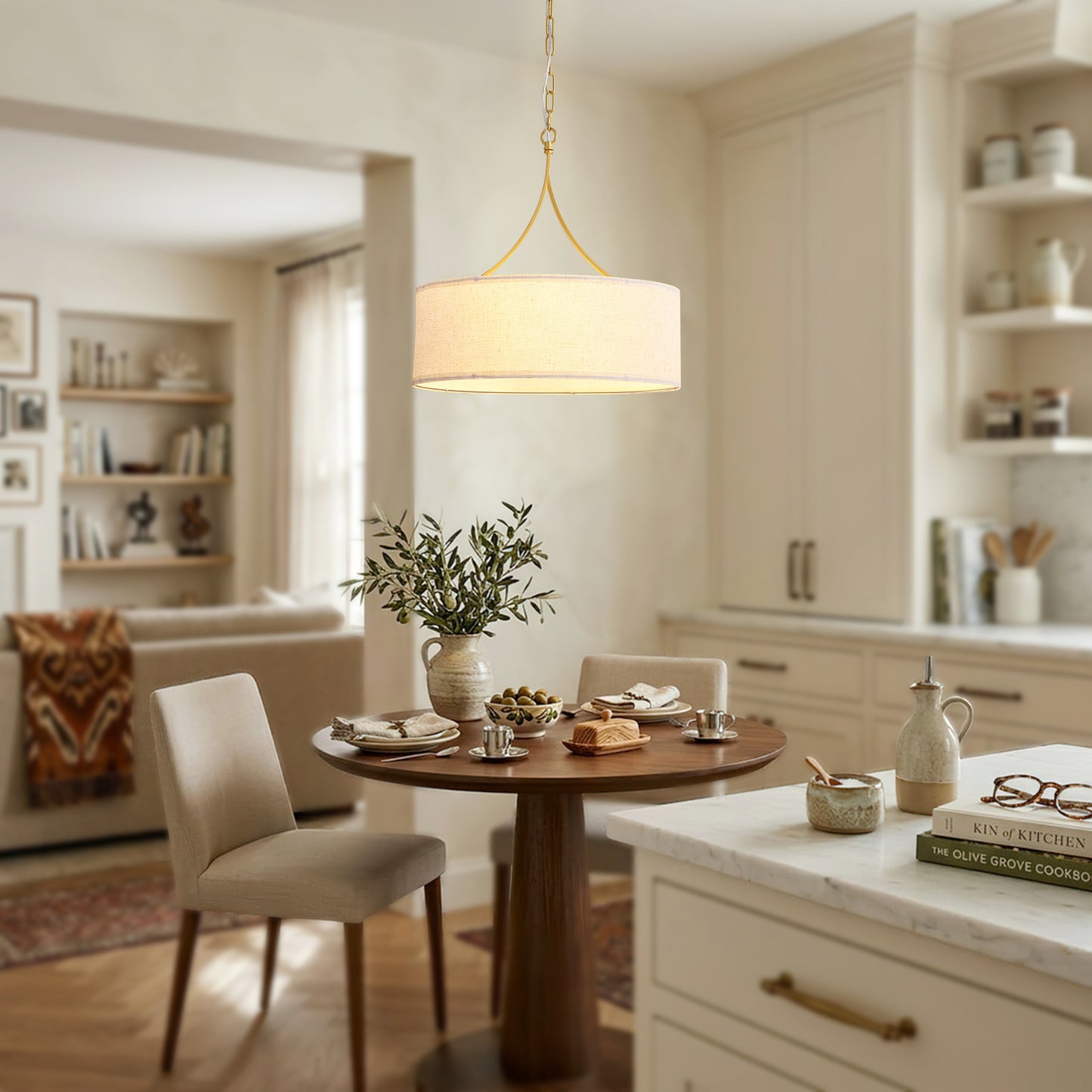 Golden Fabric Pendant Light - Adjustable Drum Chandelier for Dining & Living Rooms