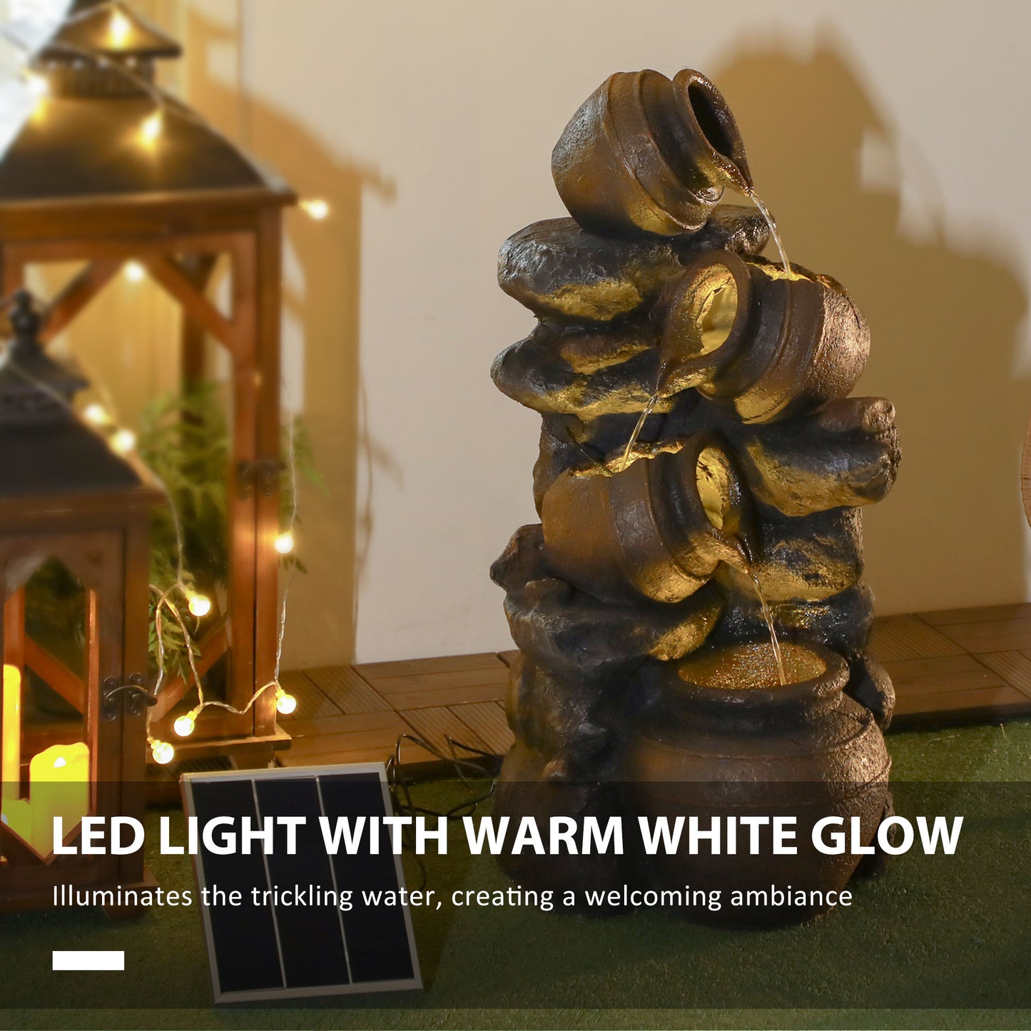 28.3-Inch Solar Water Fountain with LED Lights, 4-Tier Resin Cascading Jars Garden Decor