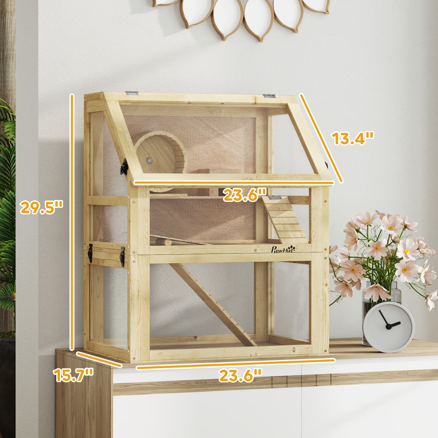 Wooden Hamster Cage with Detachable Bottom, Ramps & Accessories - 24 x 16 x 29.5 Inches