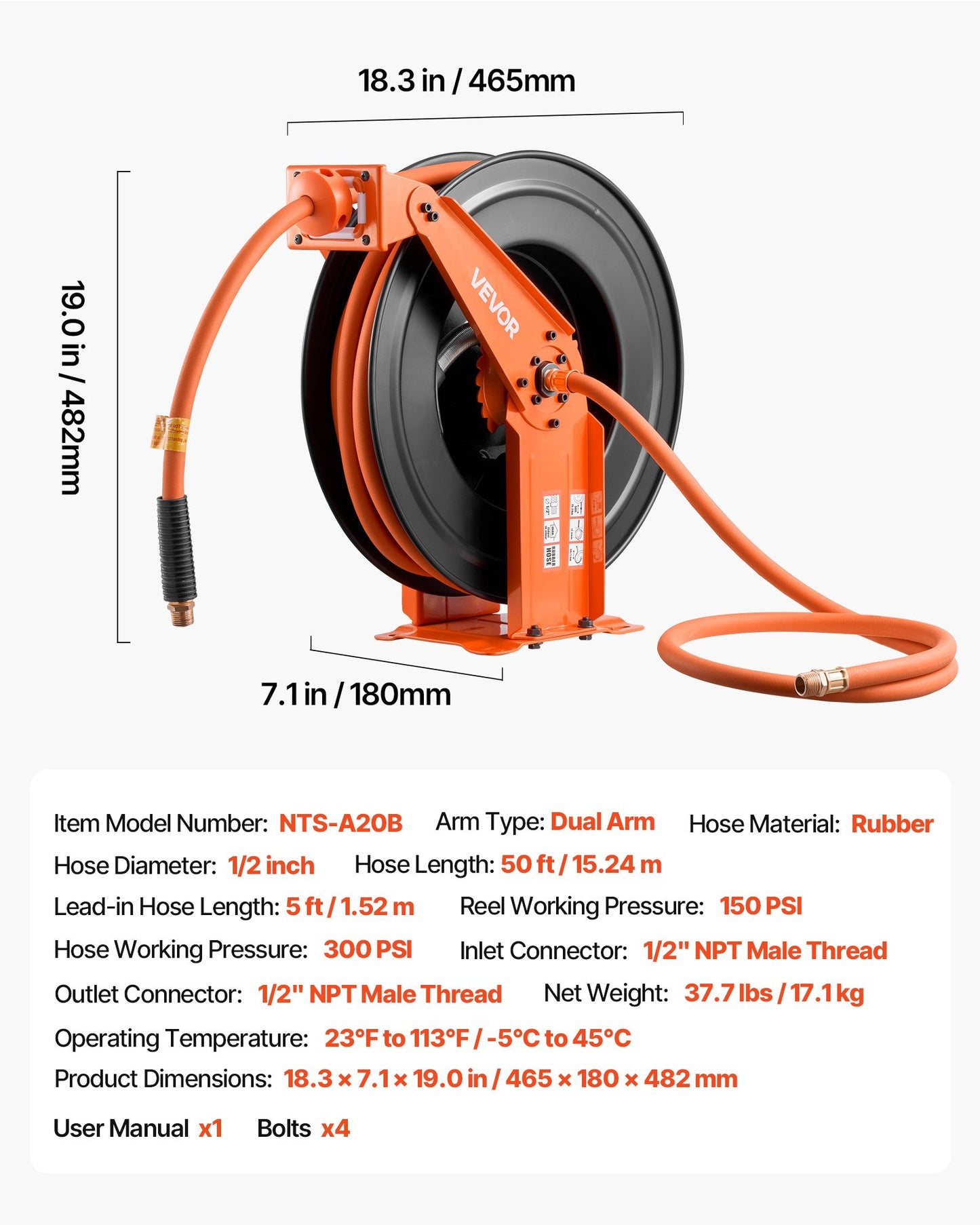 Retractable Air Hose Reel 1/2 Inch x 50 Ft Rubber Air Compressor Hose with Auto Rewind