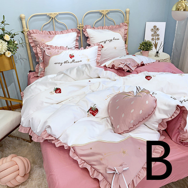 Cotton Embroidery Duvet Cover Set - Four-Piece Bedding with Strawberry Design