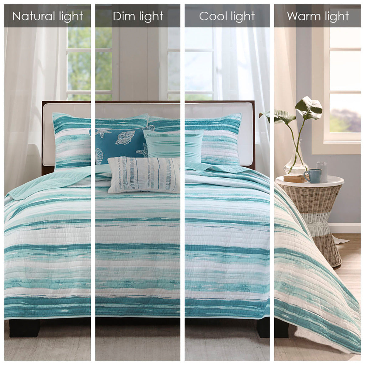6 Piece Printed Quilt Set With Throw Pillows Aqua Full Queen