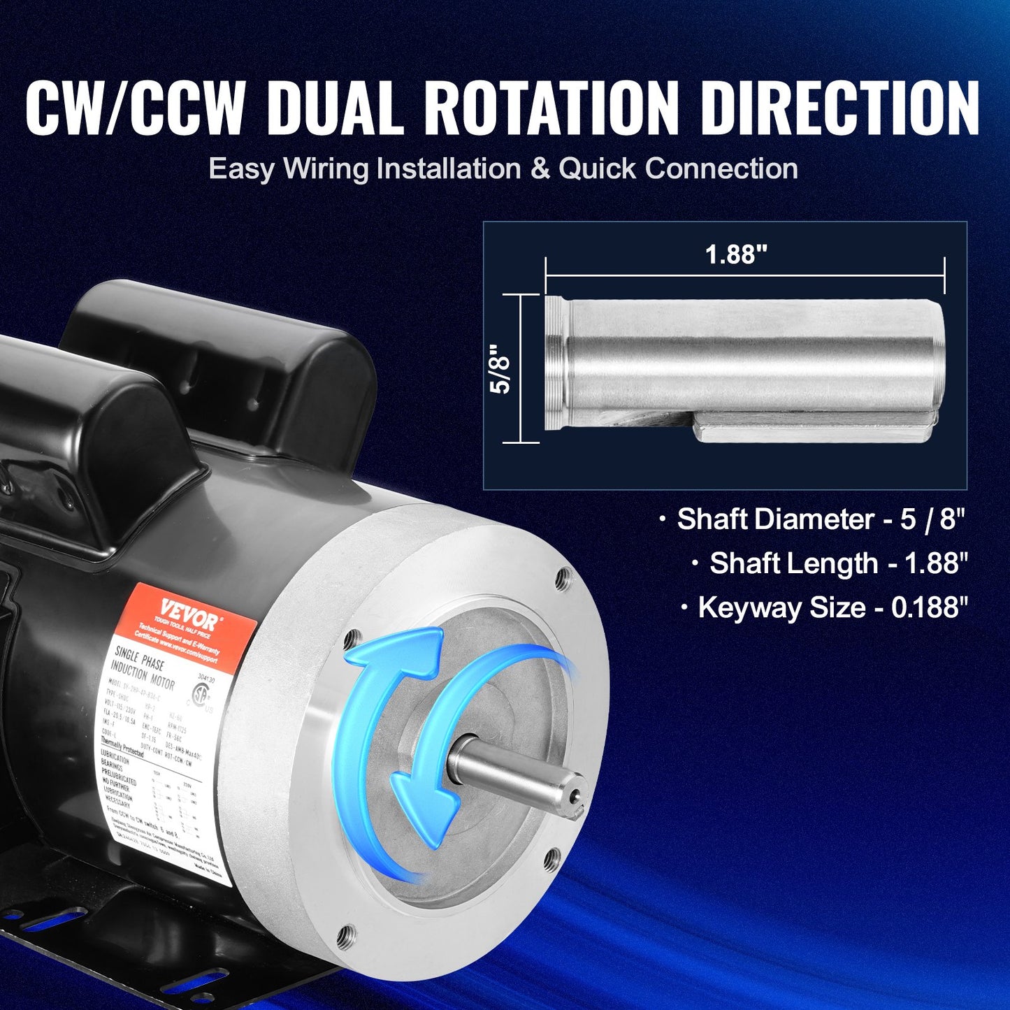 2HP Air Compressor Electric Motor 1725 RPM 115/230V Single Phase CW/CCW Black