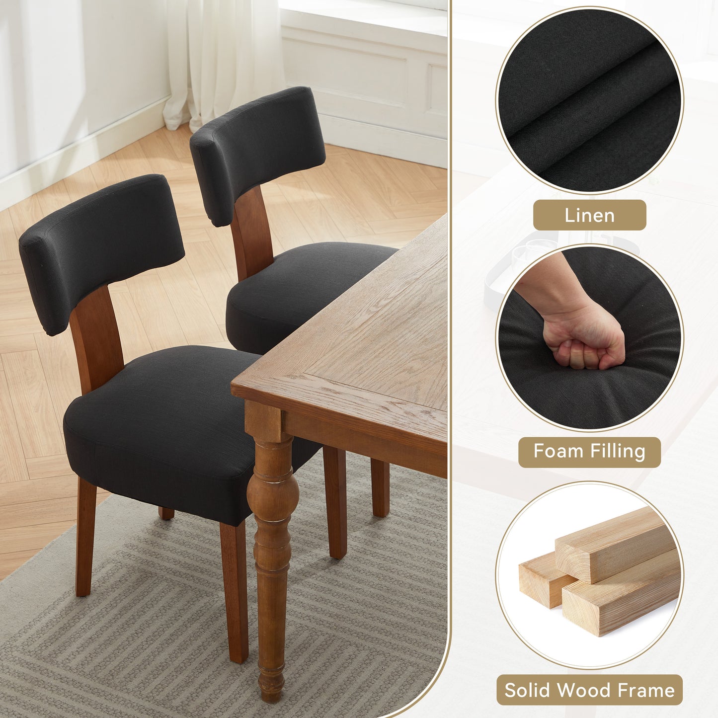 Modern Linen Fabric Dining Chairs - Set of 2, Black