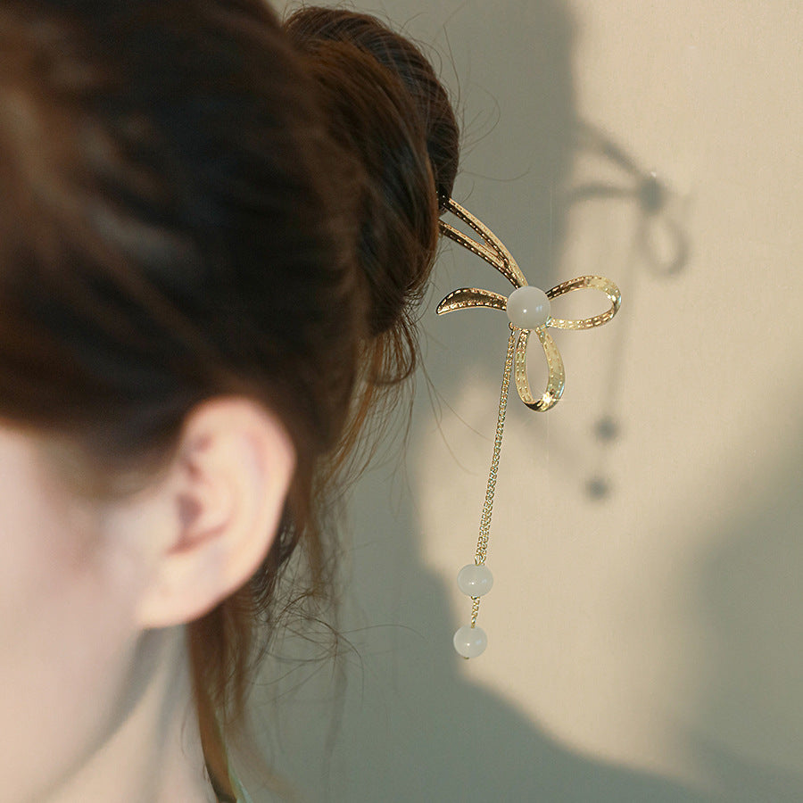Elegant Bow Hairpin with Crystal Accent - Modern Hair Accessory