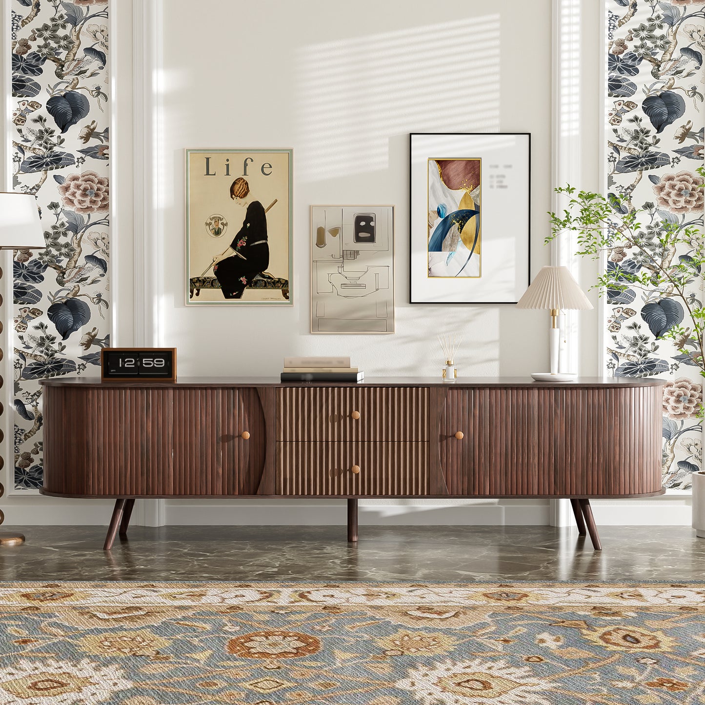70 Inch Mid Century Modern TV Stand, Stand For 80 TV, With Tambour
