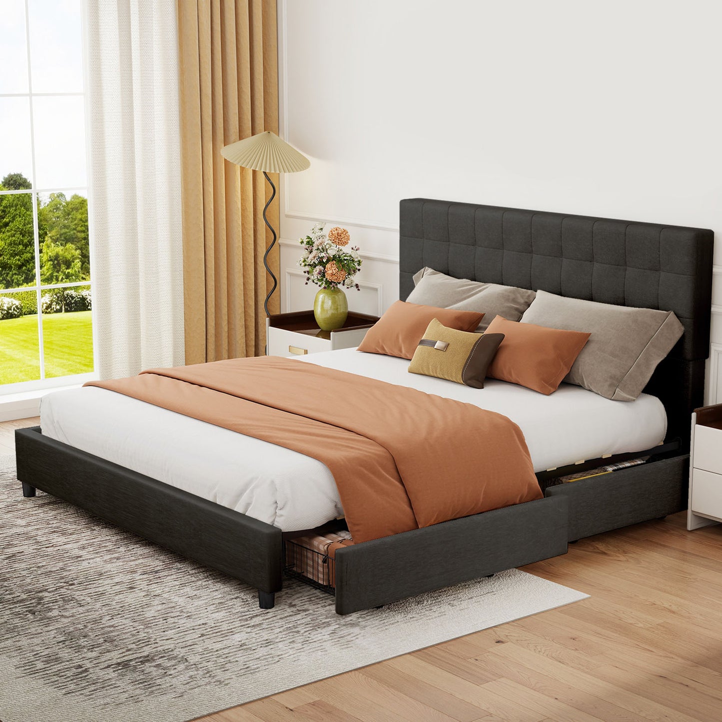 King Size Bed Frame Upholstered Vertical Channel Headboard With 4
