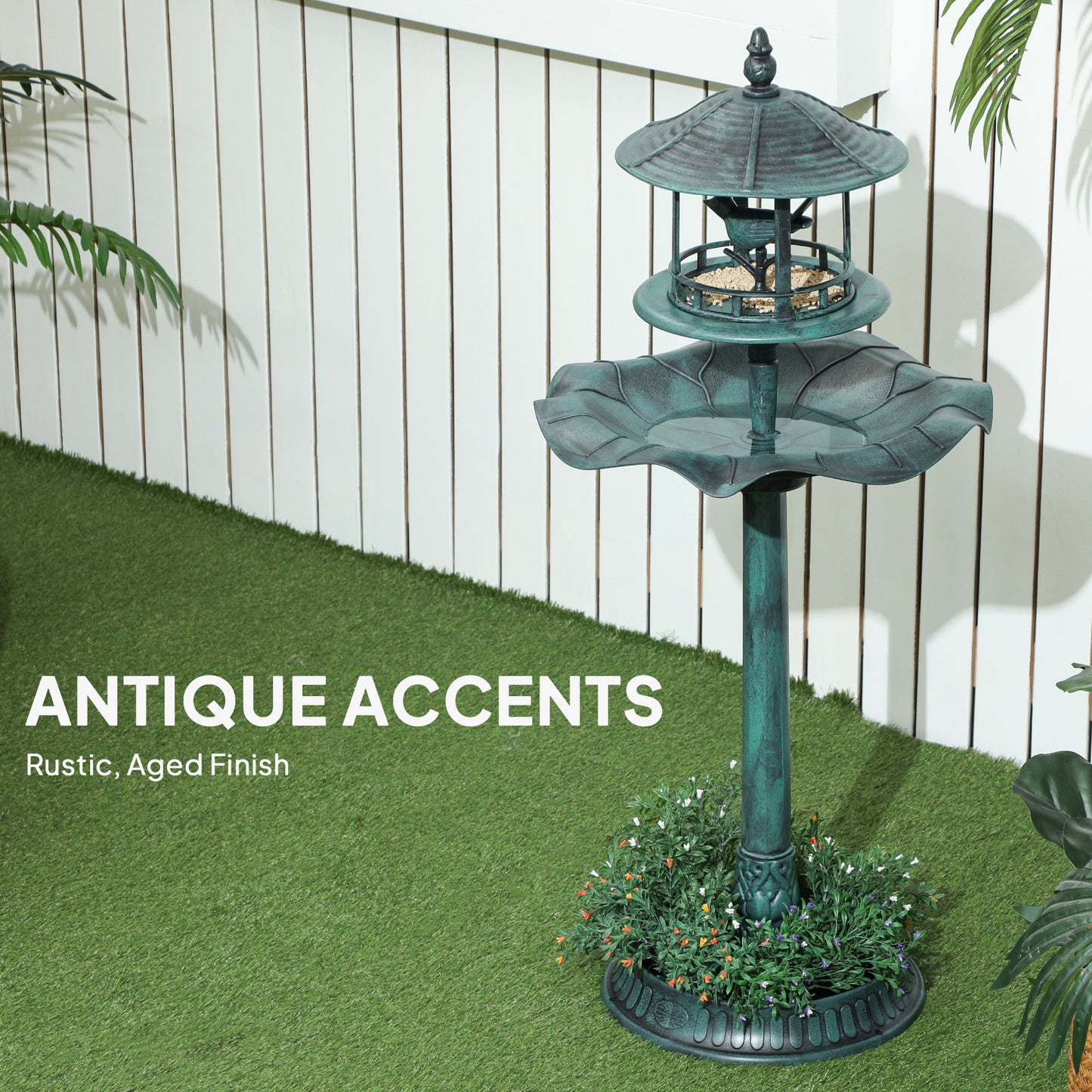3-in-1 Garden Bird Bath with Feeder and Flower Planter - Green