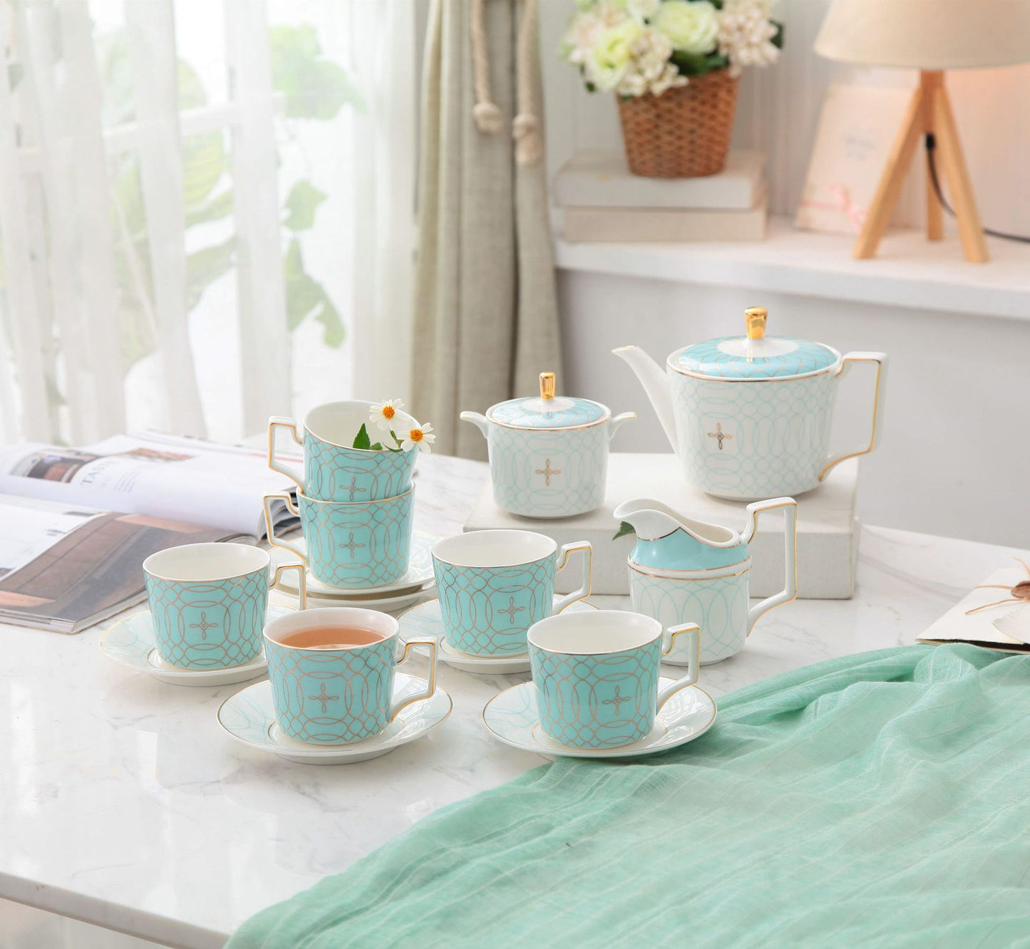 British Style Bone China Coffee Cup Set with Teapot and Saucers - Modern Design