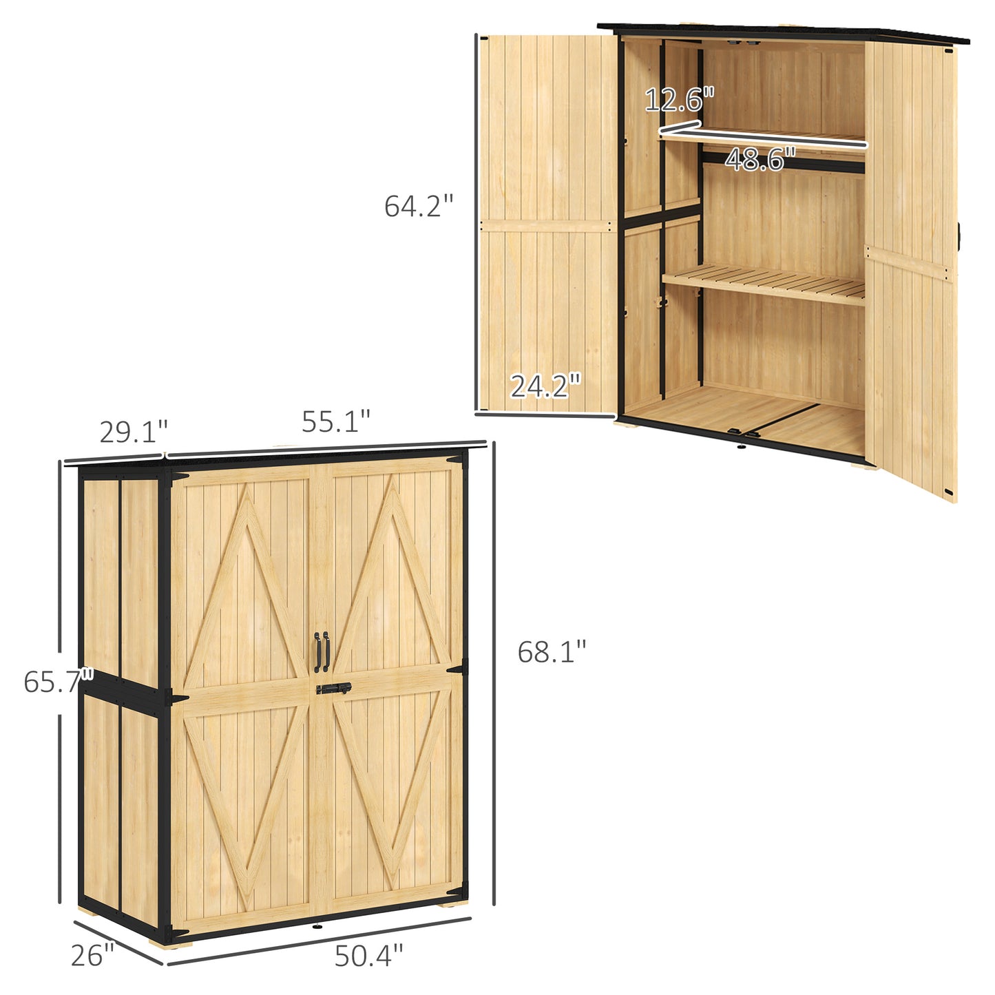Wood Storage Shed, Outdoor Garden Shed With Asphalt Roof, 2 Shelves,