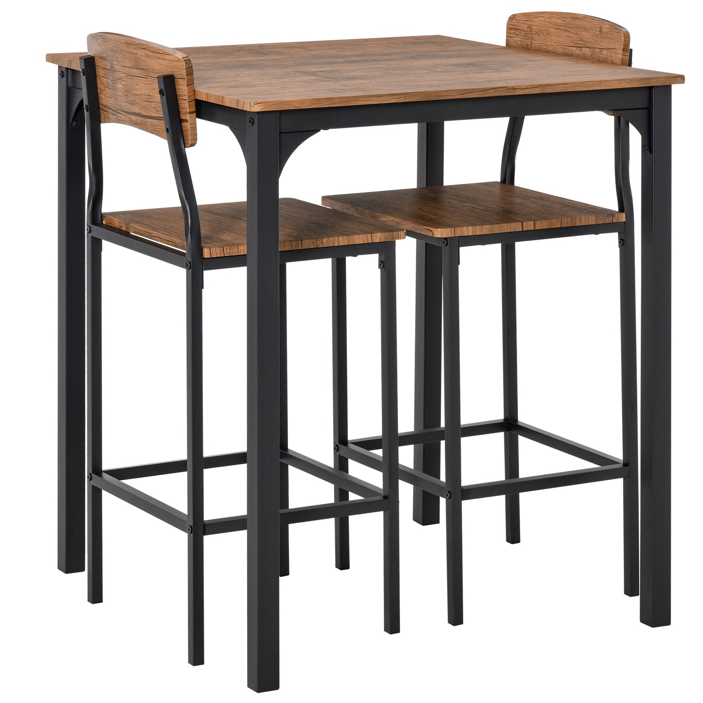3-Piece Square Dining Table Set with 2 Stools - Walnut & Black