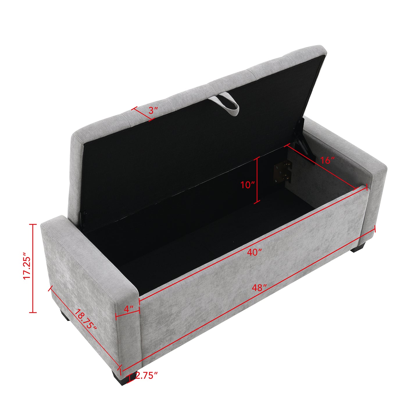 48 Ottoman With Storage, Storage Bench Safety Hinge, Upholstered